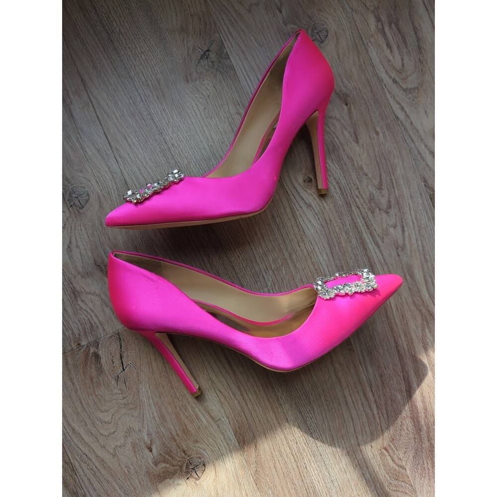 Badgley Mischka Neon Pink Satin Pointed-Toe Crystal Pumps